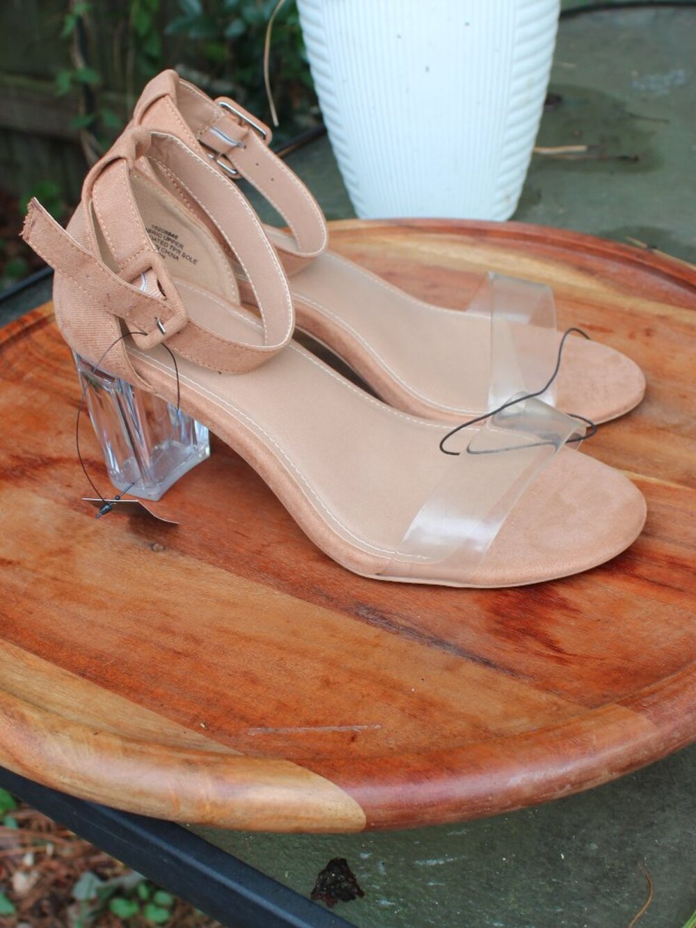Torrid NWT Clear Lucite Heel Strappy Sandals Beige Tan Suede Size 9.5 Wide